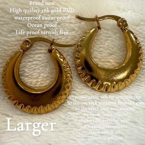 18k Gold Earrings, Larger, Waterproof Jewelry, Tarnish free, Hypoallergenic